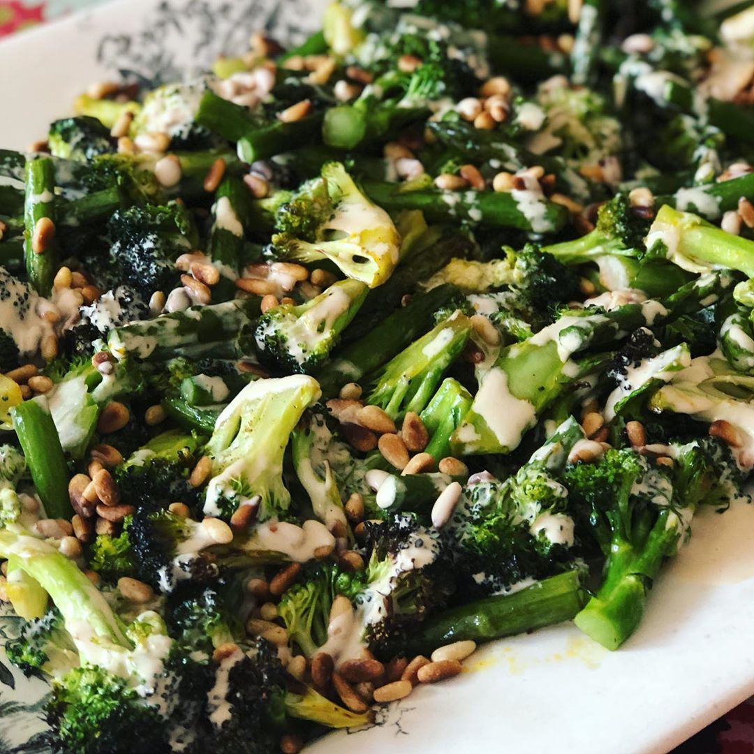 Roasted Broccoli with Pine Nuts and Tahini Dressing