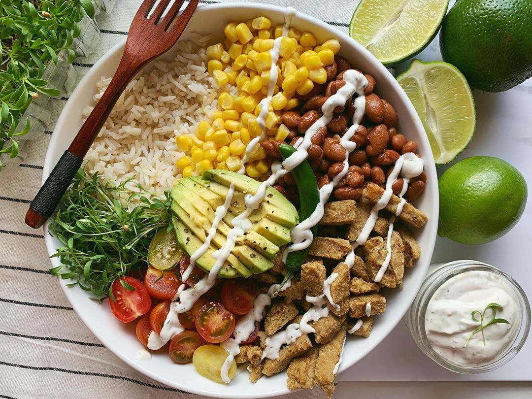 "Chicken" Burrito Bowl with Creamy Micro Cilantro Lime Dressing