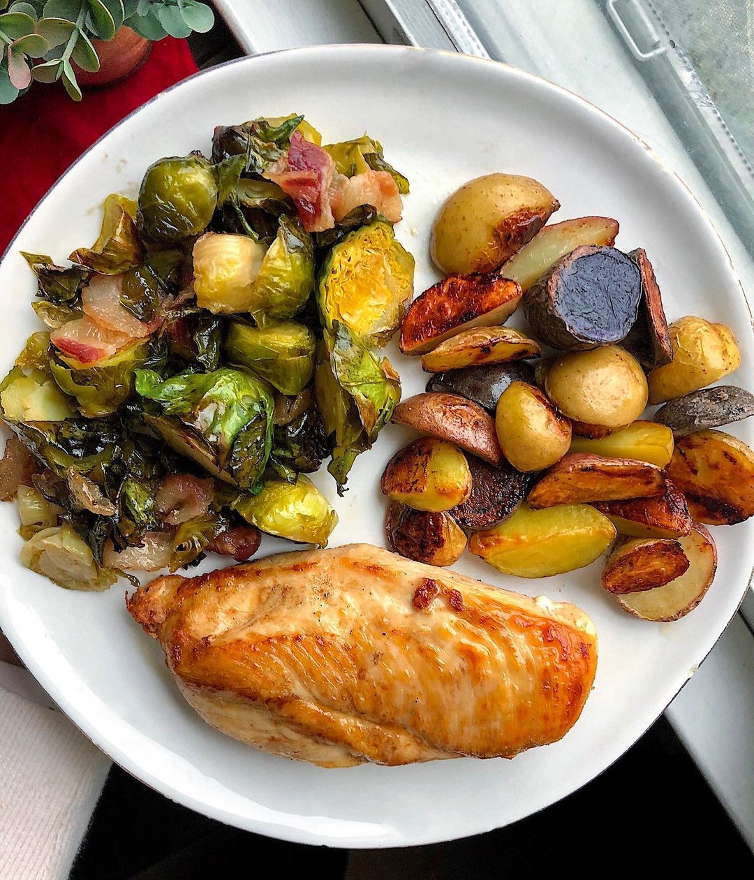Skillet Chicken + Roasted Potatoes + Maple Bacon Brussel Sprouts