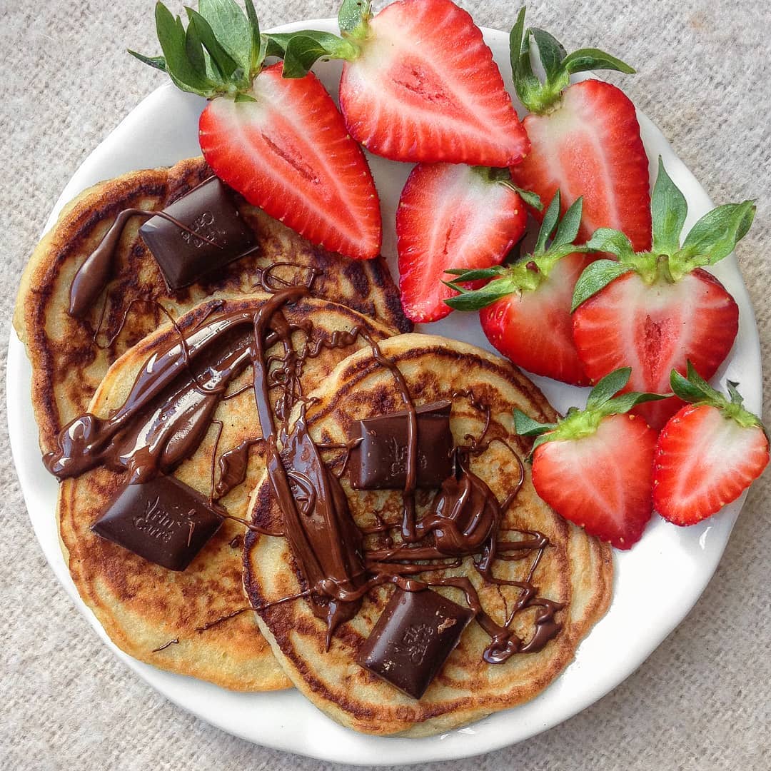 Banana Bread Pancakes with Chocolate & Strawberries