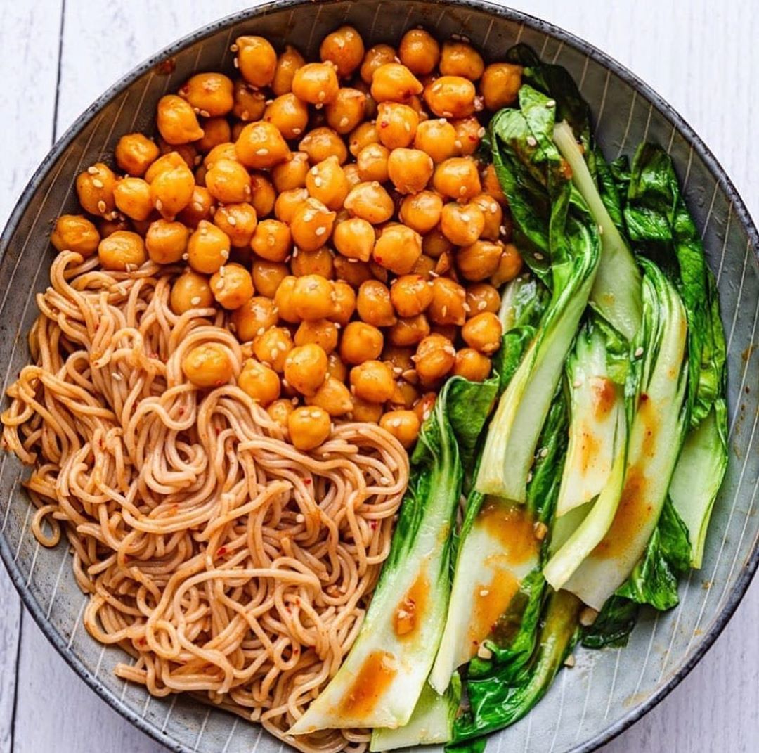 A Bowl Full of Crispy Chickpeas, Baby Bok Choy and Ramen Noodle Stir-Fry