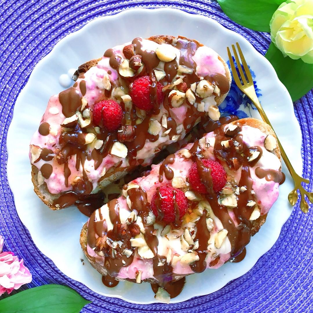 Aspberry Coconut Cream Toast with Chocolate & Hazelnuts