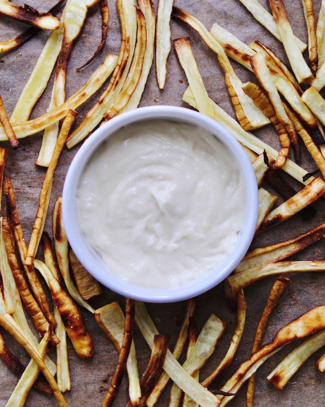 Shoestring Parsnip Fries with Roasted Garlic Aioli