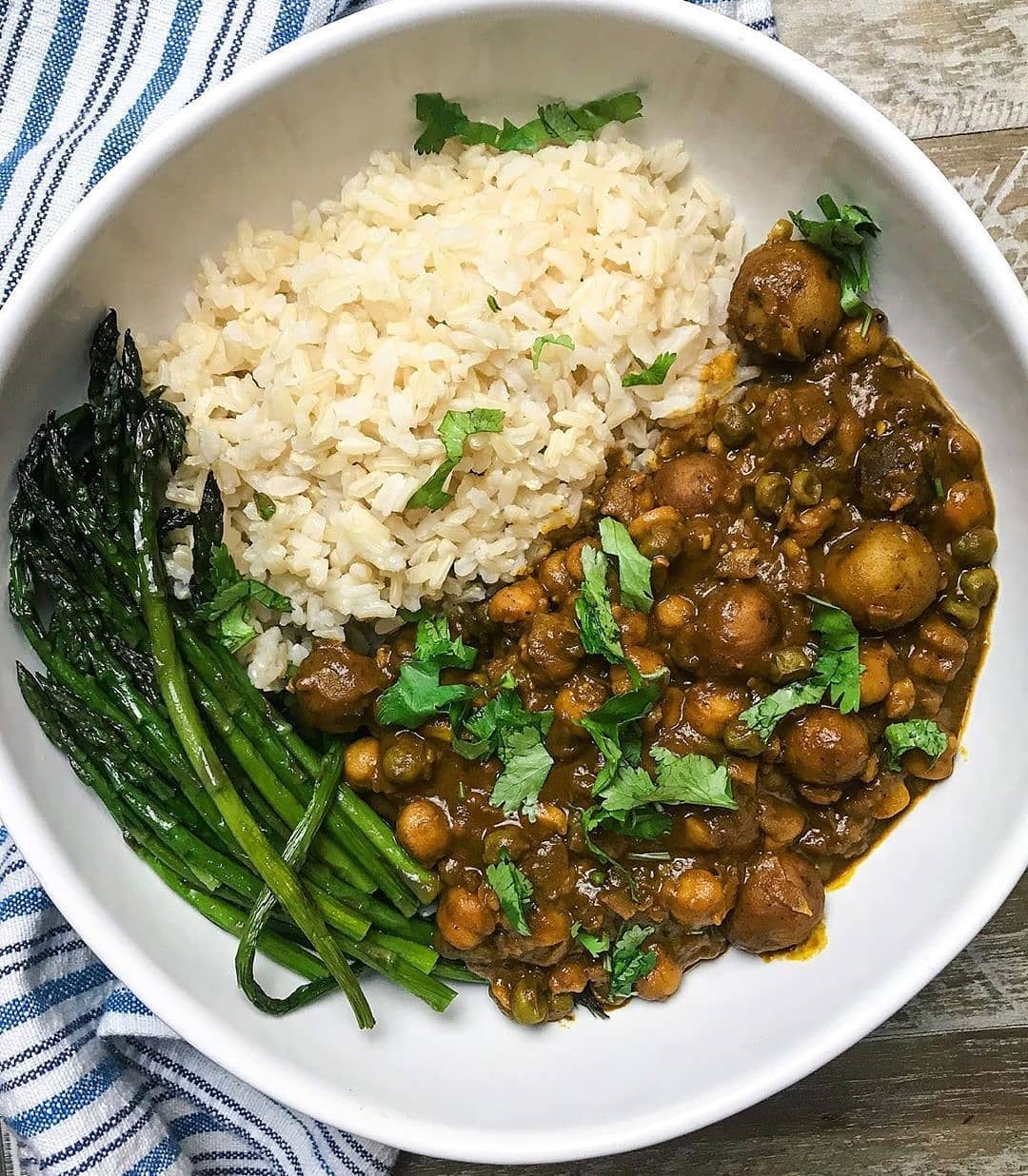 Chana Aloo Matar or Spicy Chickpea, Baby Potato and Pea Curry with Cilantro, Roasted Asparagus and Rice
